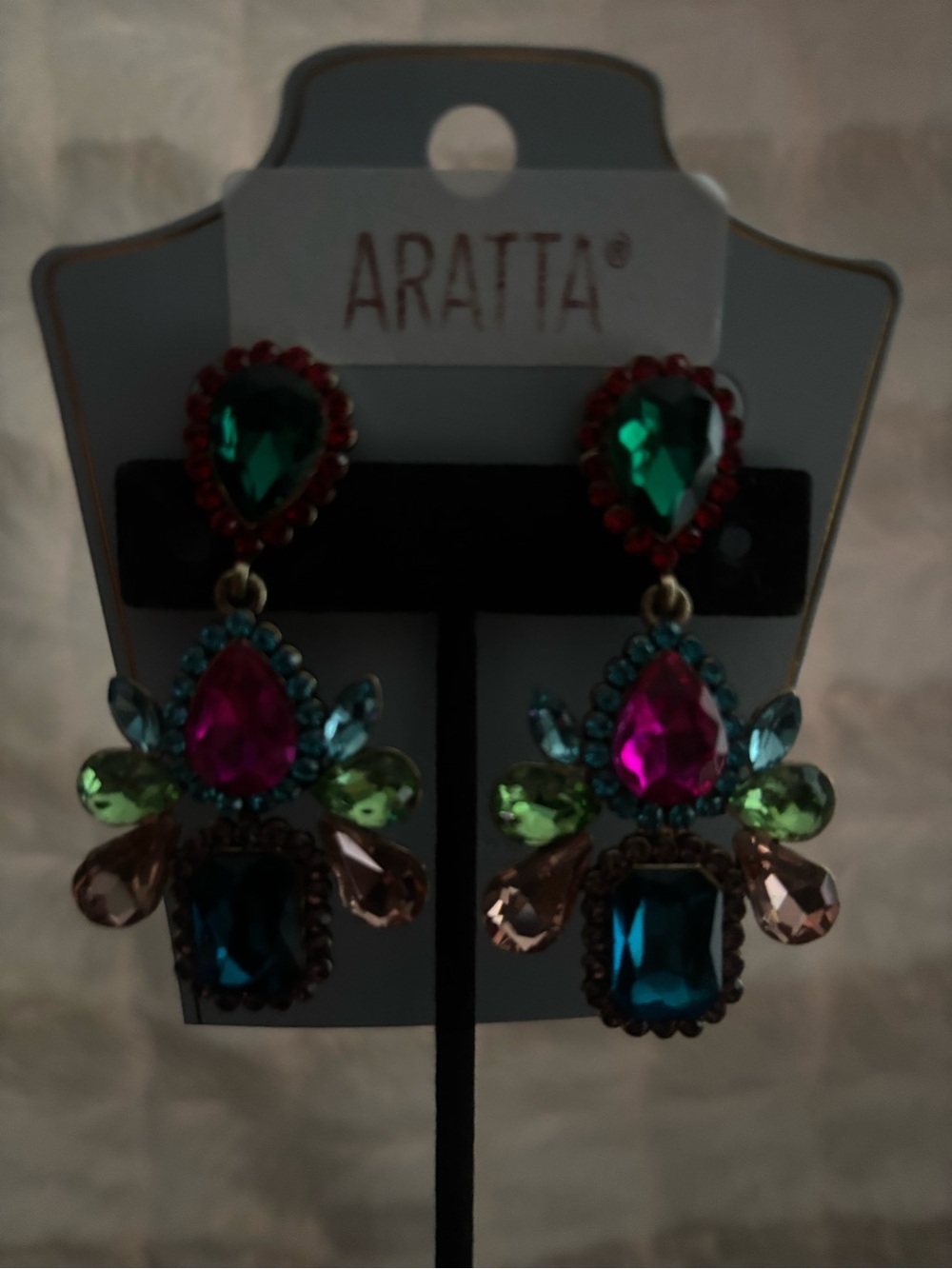 Aratta Multicolored Crystal Drop Earrings - Green, Pink, Blue